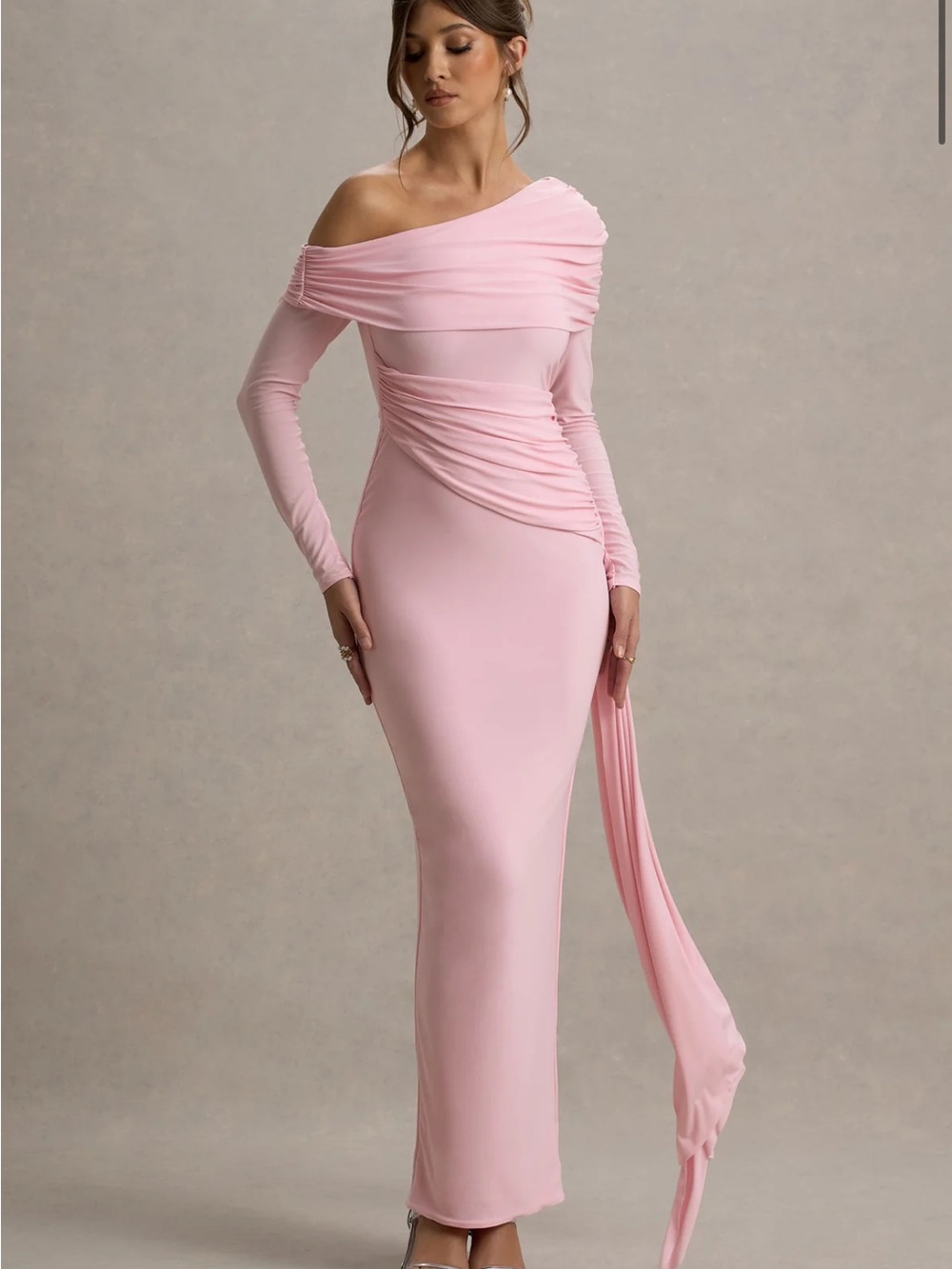 Club L London Blush Pink One-Shoulder Ruched Evening Gown - Picture 2 of 3